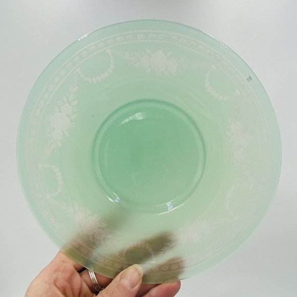 Jade Green Art Glass 7” Plates Engraved to Alabaster, Carder Steuben ? Unmarked - Picture 5 of 16